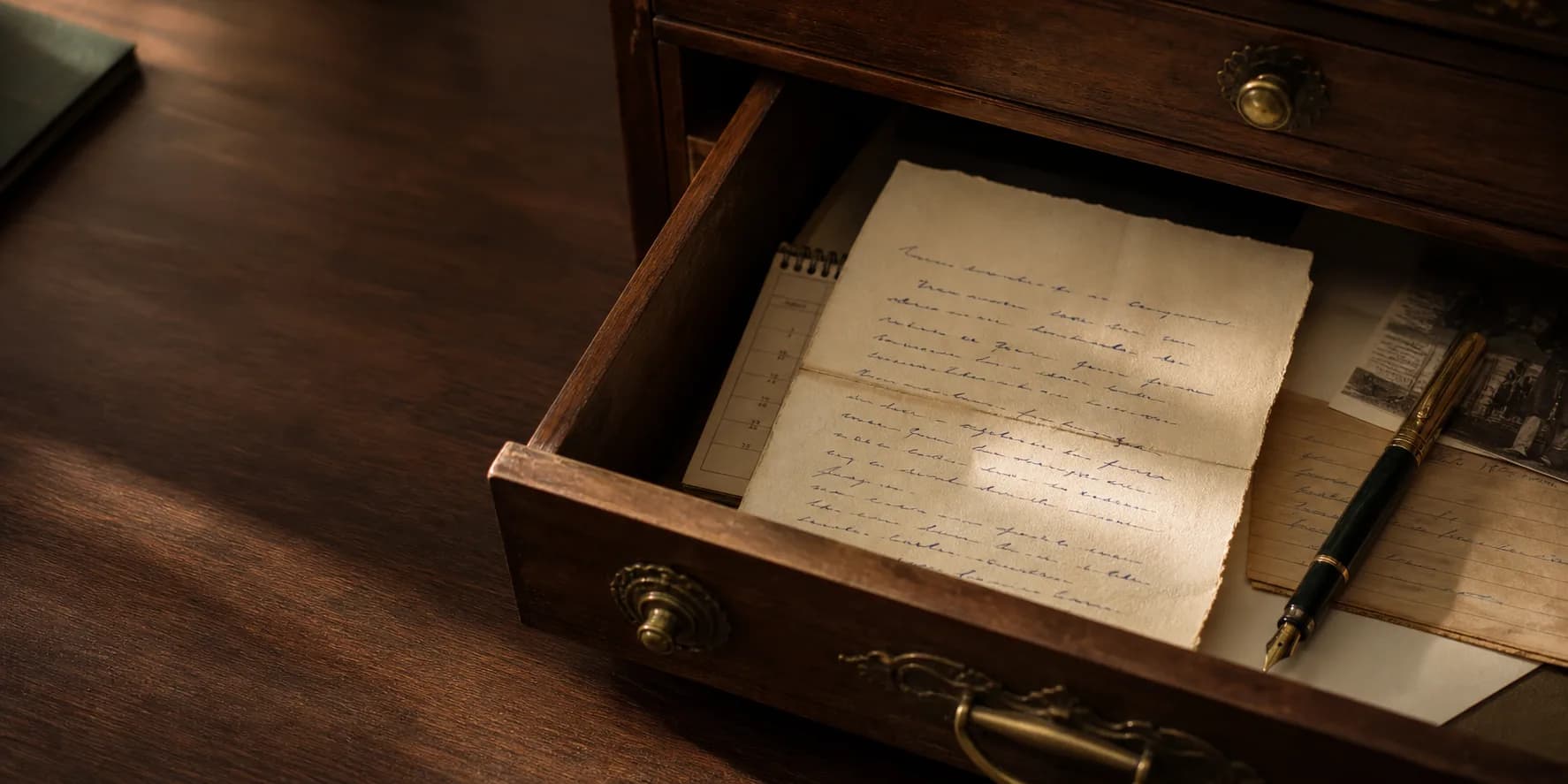 A handwritten note kept in a treasured wooden desk drawer