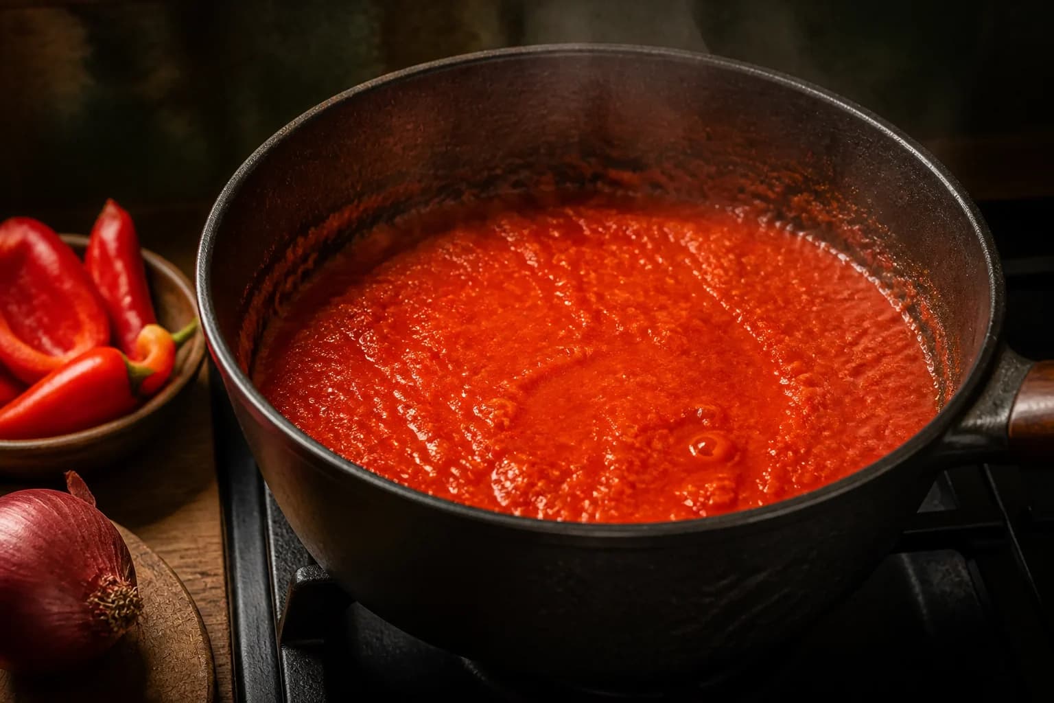 A smooth red pepper and tomato blend reducing in a saucepan