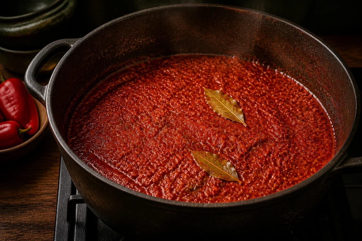 Thick red Jollof sauce with bay leaves and a light sheen of oil around the edge