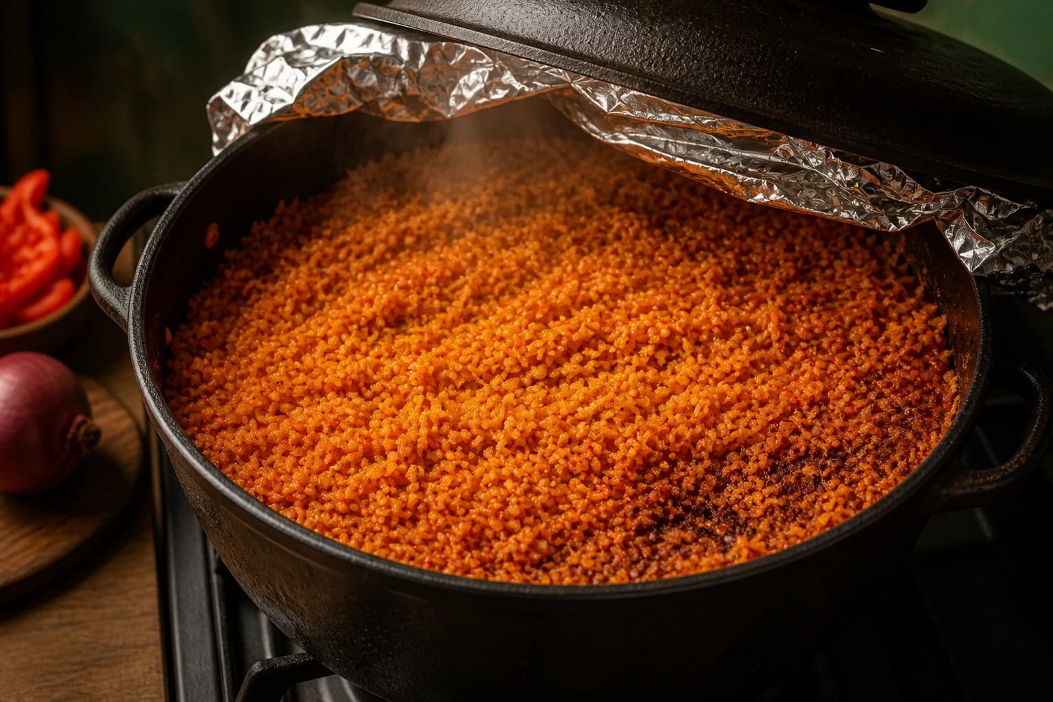 Orange-red Jollof rice steaming in a foil-sealed heavy pot with a lightly scorched edge