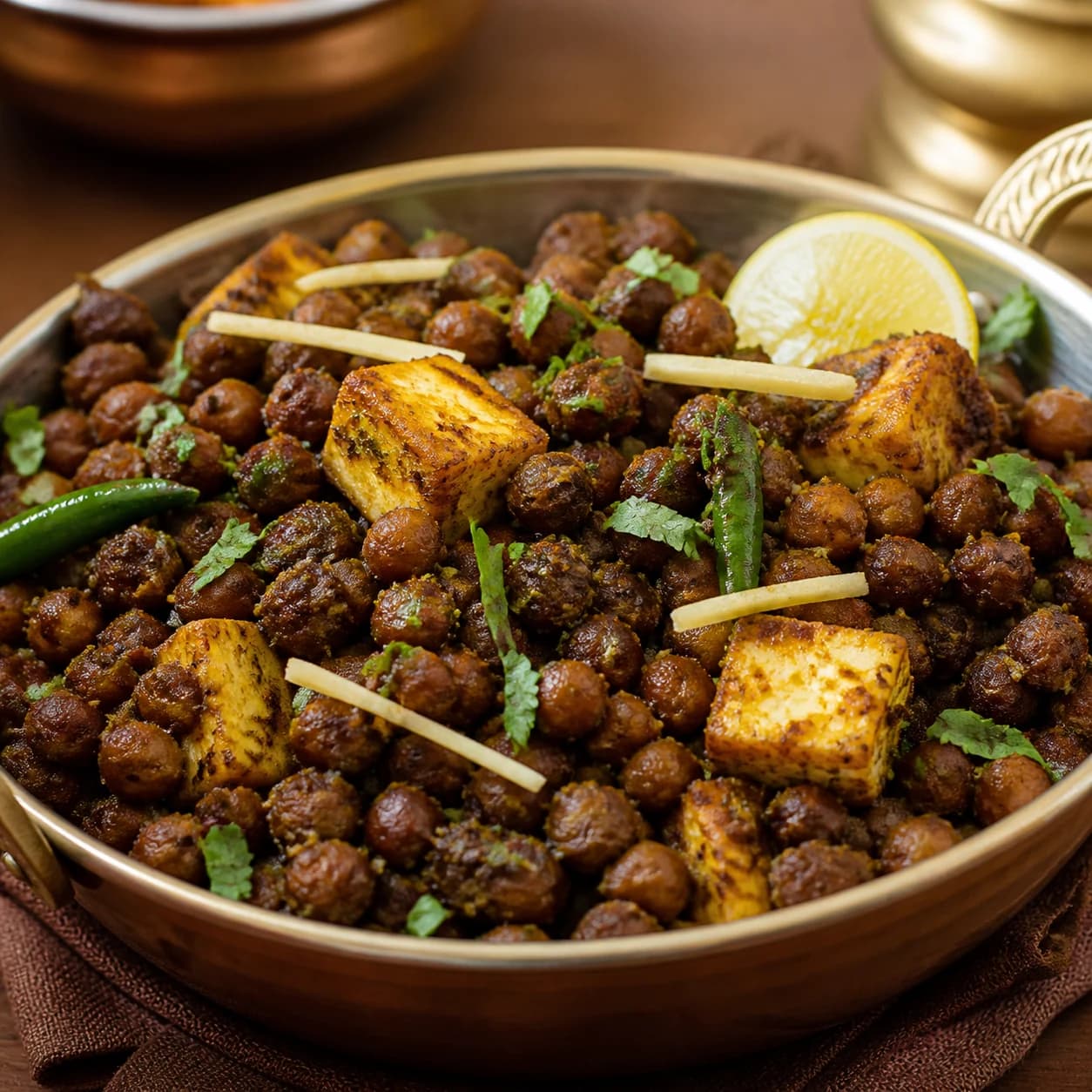 Finished dark Pindi Cholley with masala-coated chickpeas, golden paneer, ginger, green chilli, coriander and lemon