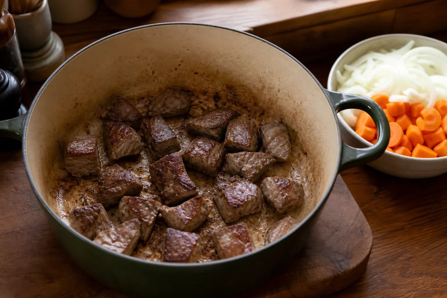 Diced braising steak browning in an uncrowded heavy casserole pan