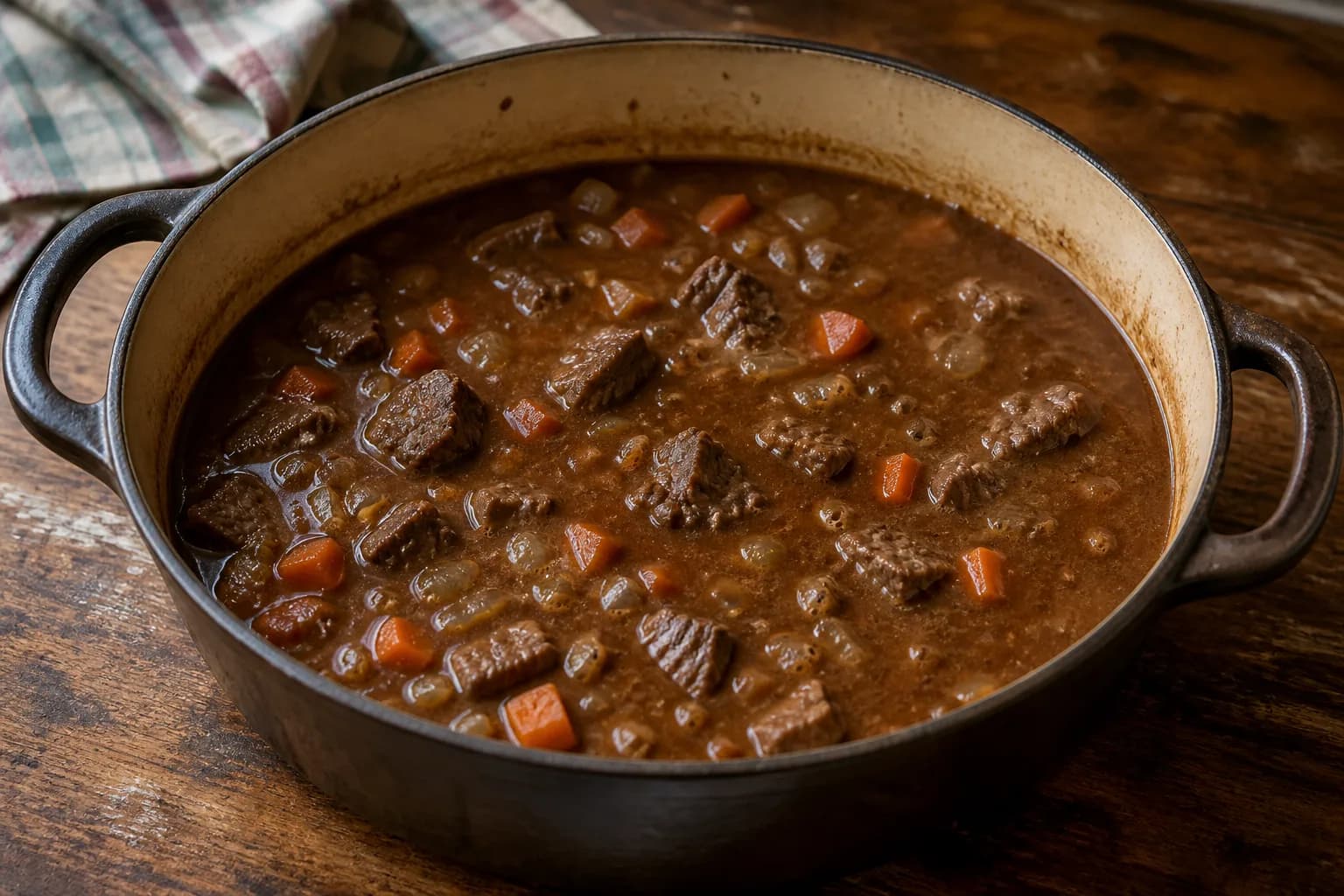Beef, carrots and onions simmering gently in a dark ale gravy