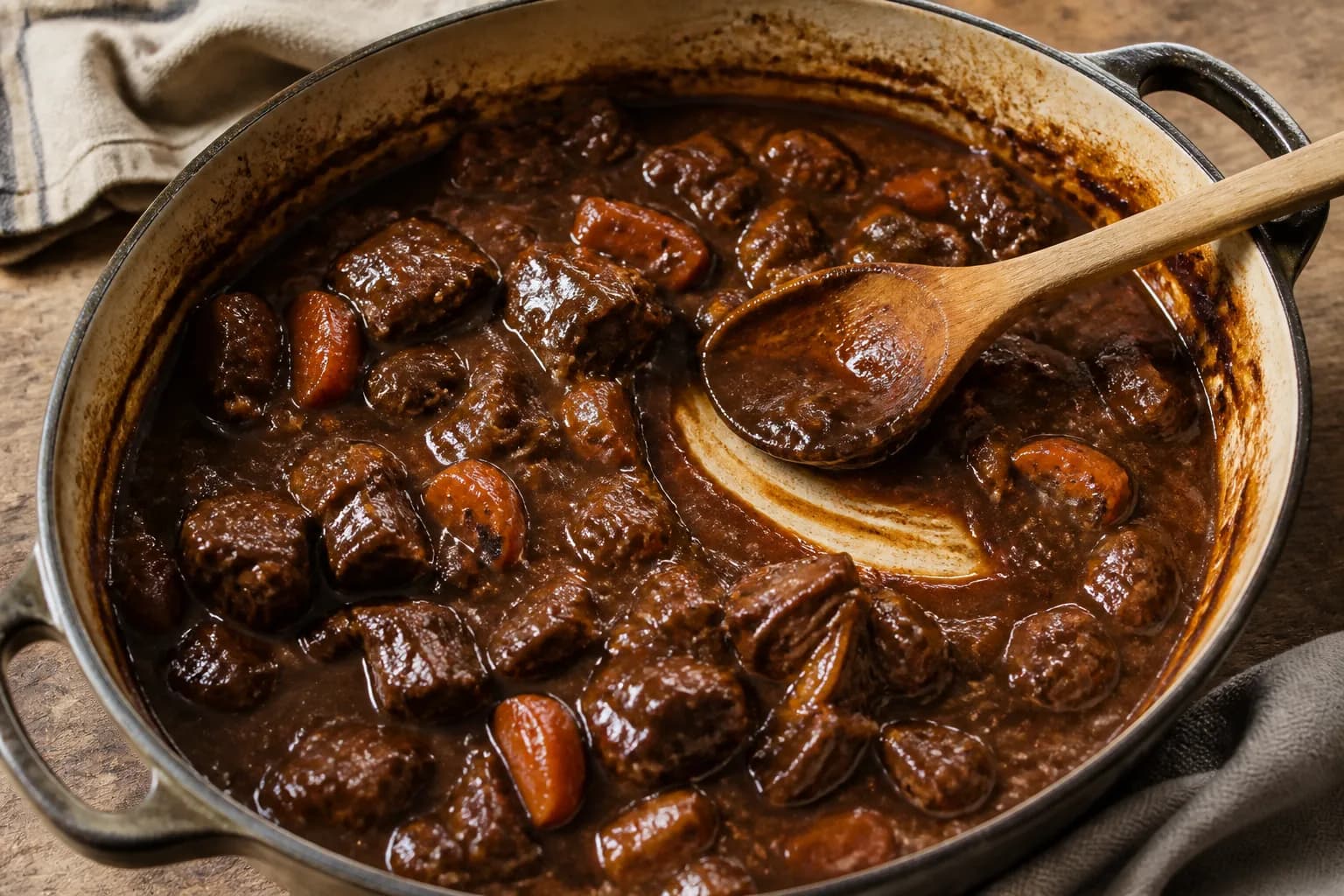 Tender beef in a thick glossy dark gravy with a wooden spoon drawn through it
