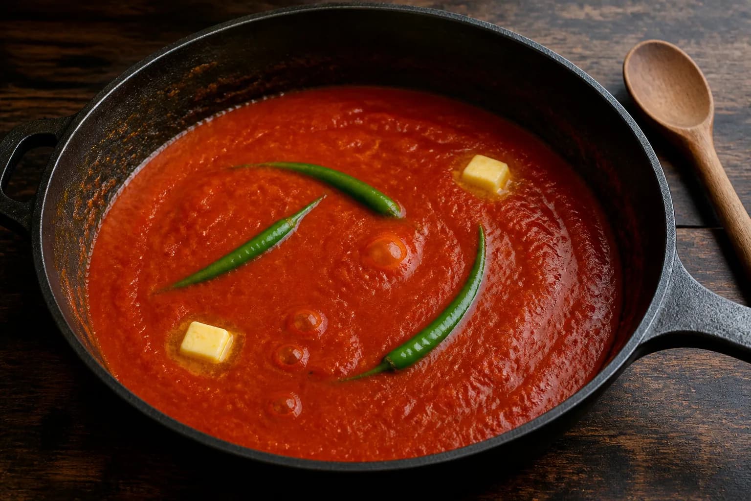 Smooth passata reducing in a dark pan with whole green chillies and melting butter
