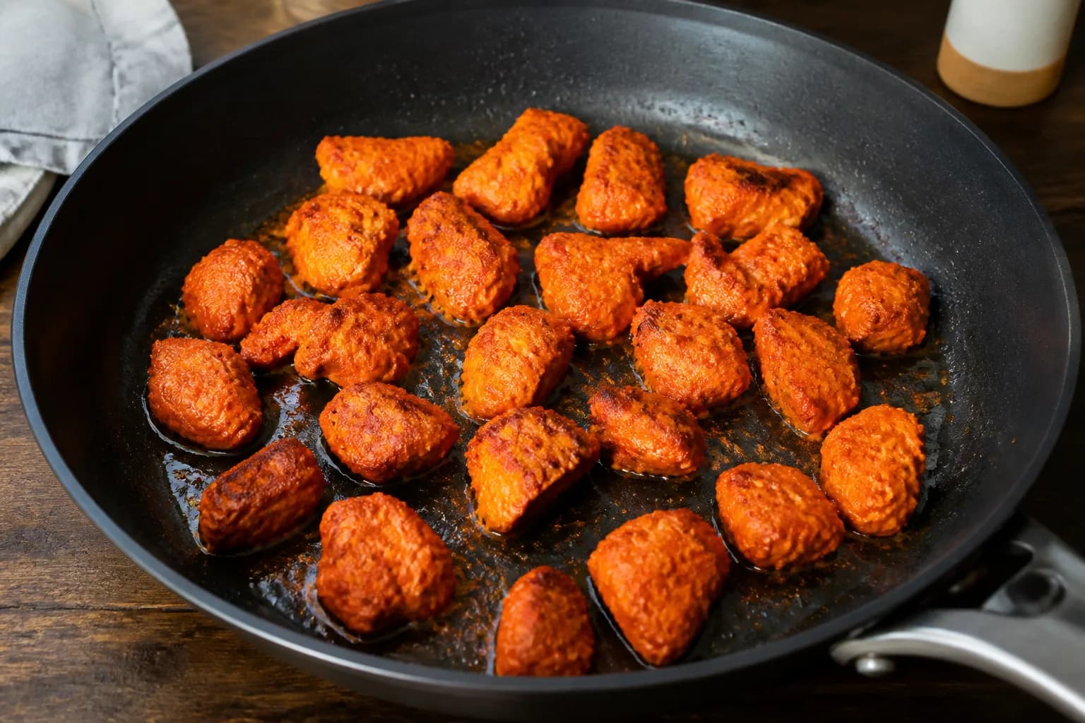 Tandoori-coated chicken pieces shallow-frying in a single layer