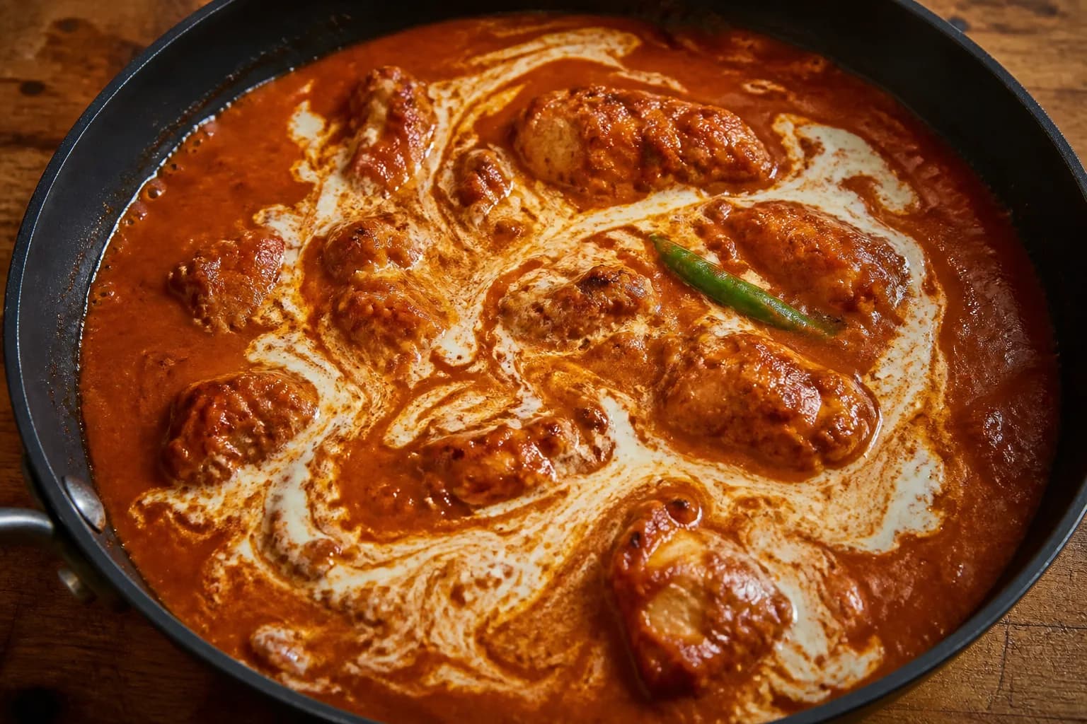 Double cream swirling through a deep red Butter Chicken sauce