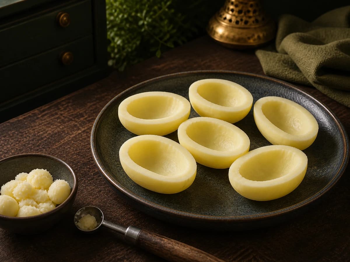 A halved potato shell holding paneer filling, showing the sturdy wall around the hollowed centre