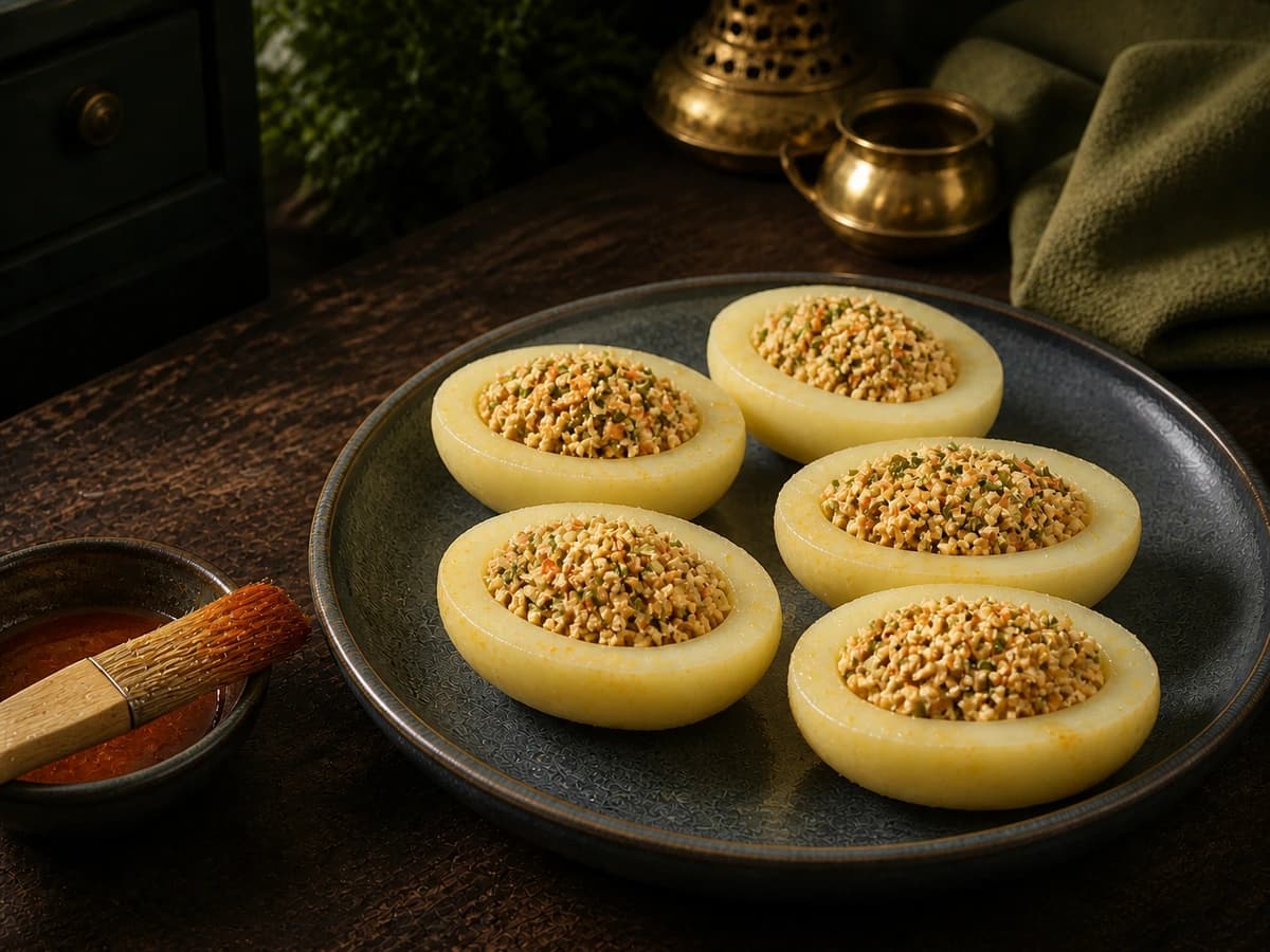 Tandoori potato shells generously filled with a textured spiced paneer mixture