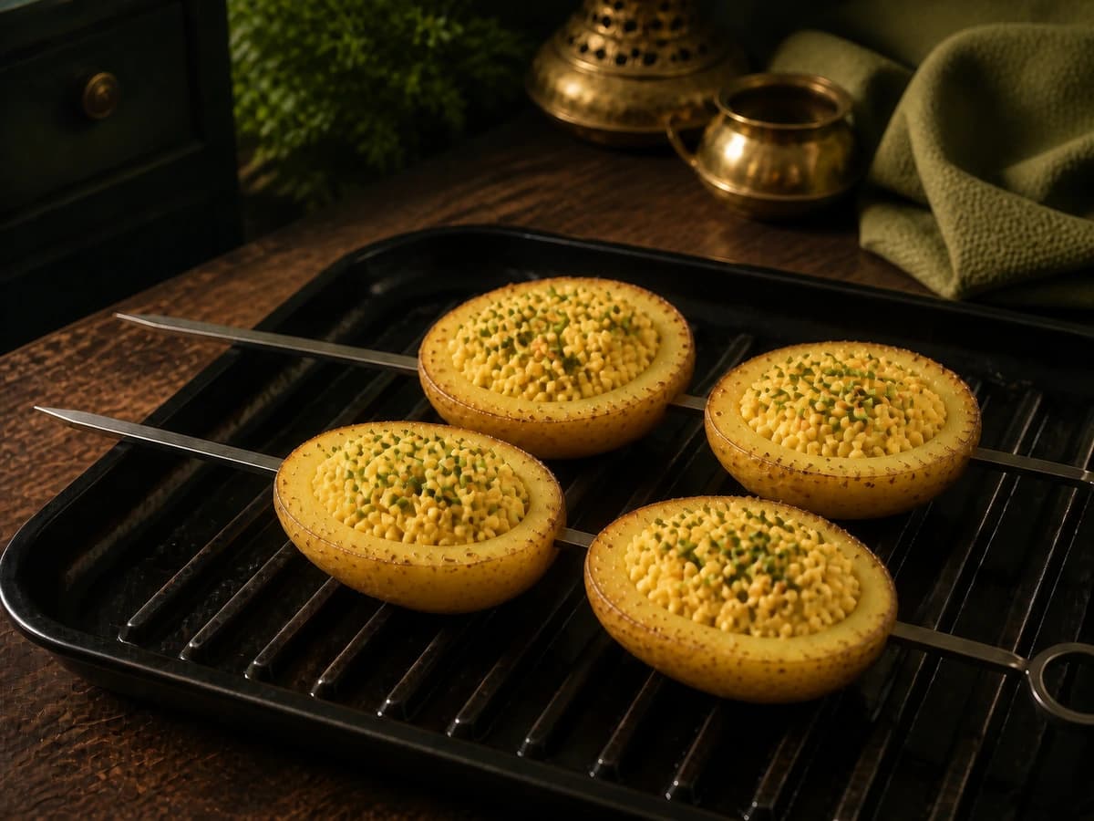 Roasted Tandoori Aloo Nazakat with smoky golden edges arranged on a blue plate