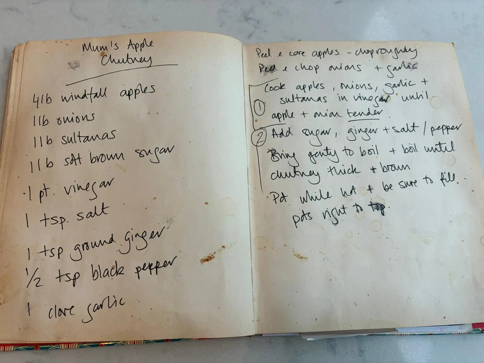 The original handwritten recipe for Mum's Apple/Pear Chutney