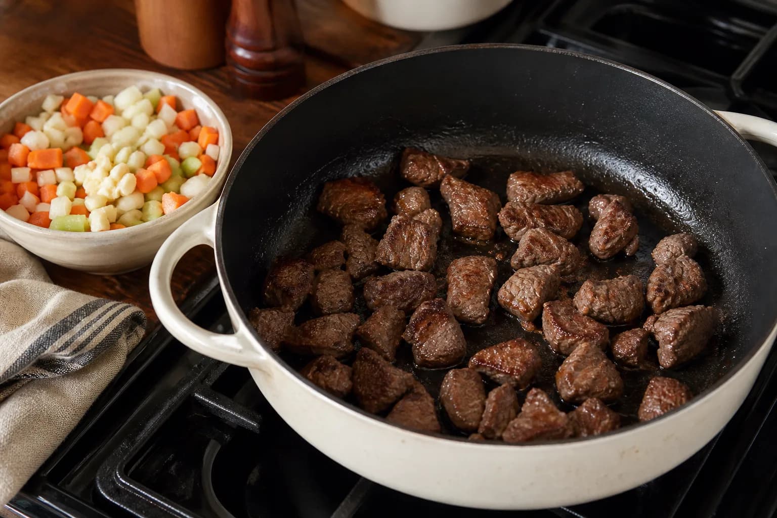Lightly floured pieces of beef steak browning in an uncrowded casserole pan