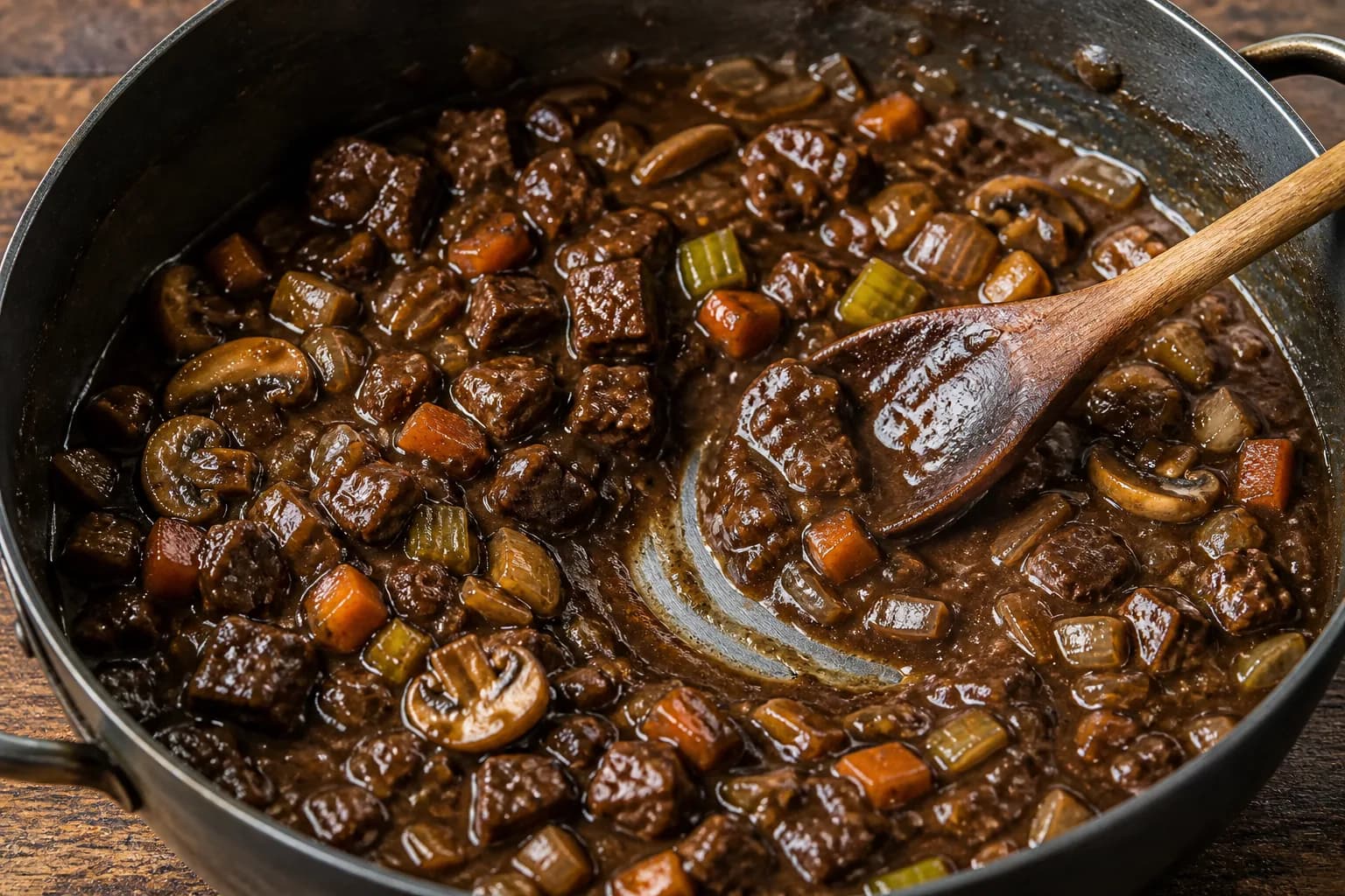 Steak, vegetables and mushrooms in a thick dark ale gravy that holds a trail from a wooden spoon