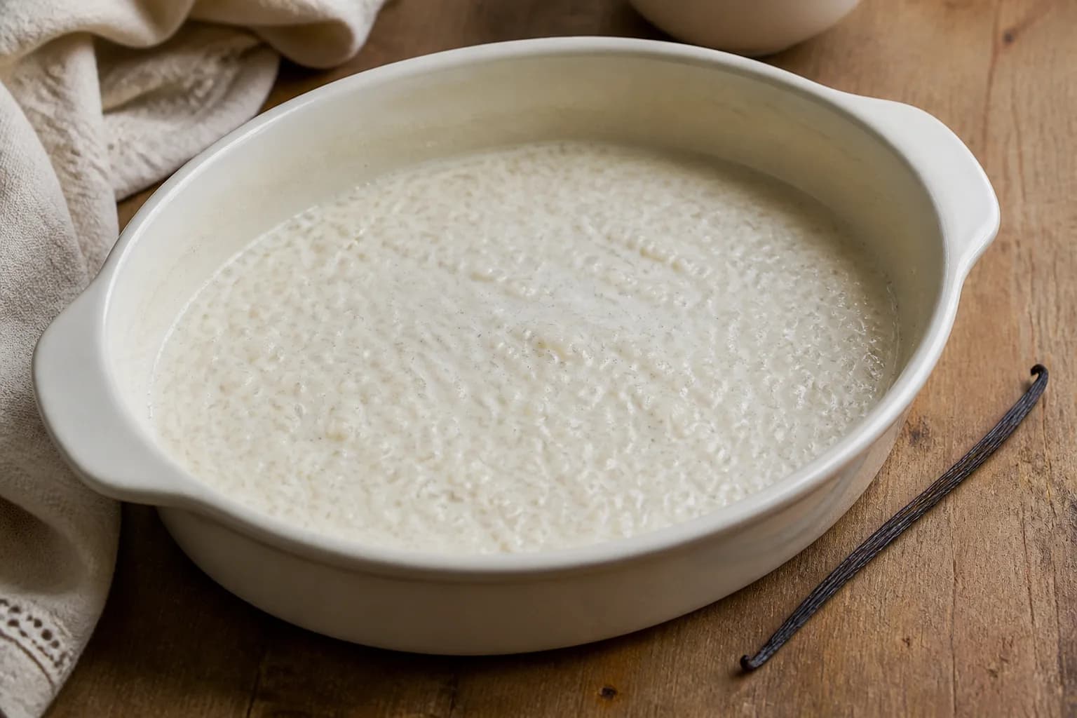Pudding rice, milk, sugar and vanilla stirred together in a buttered cream baking dish