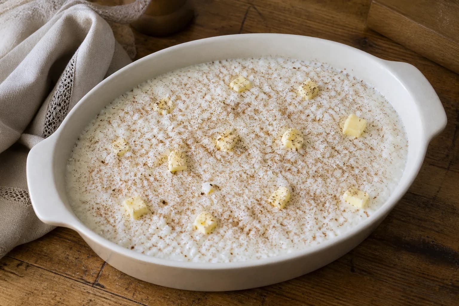 The uncooked rice pudding mixture dusted with nutmeg and dotted with small pieces of butter