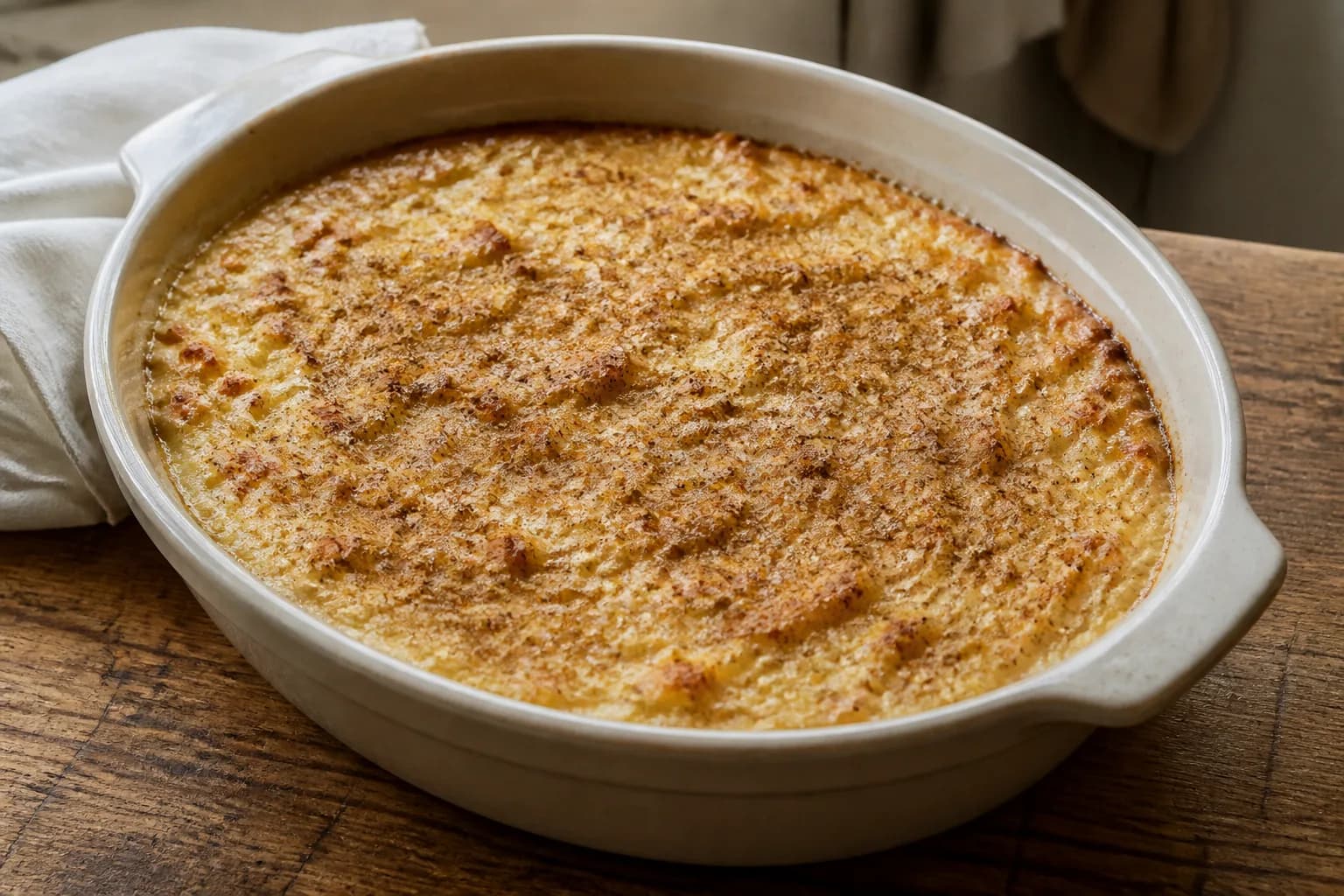 Baked rice pudding with a golden wrinkled nutmeg skin in a cream ceramic dish