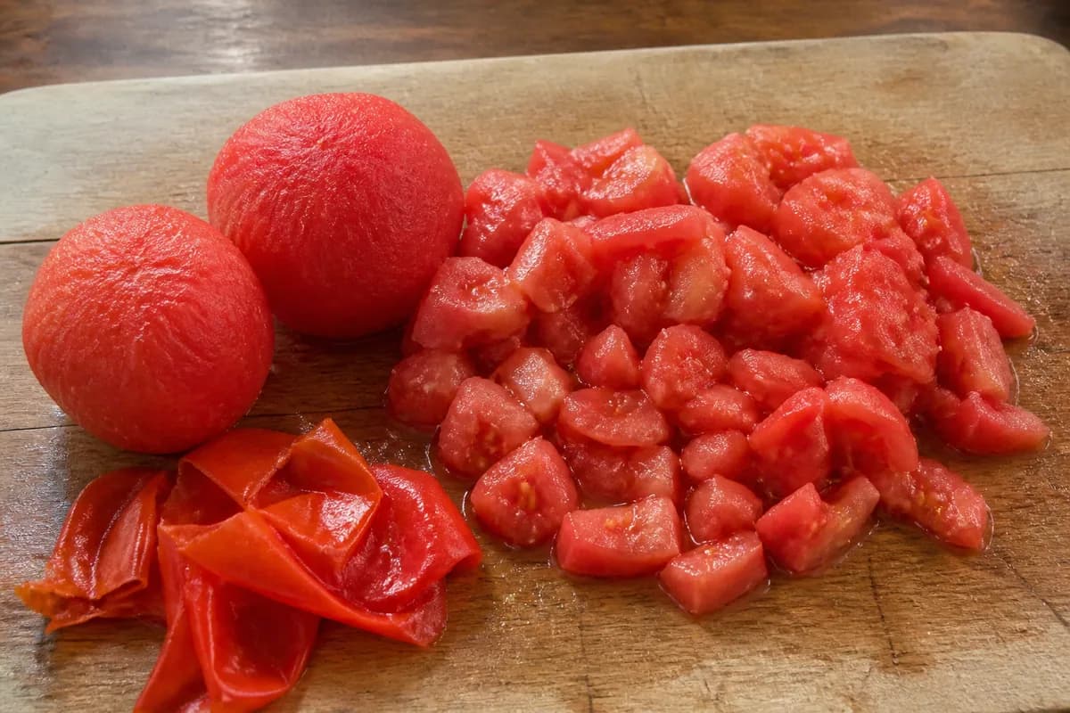 Skinned beef tomatoes roughly chopped on a wooden board with their skins beside them