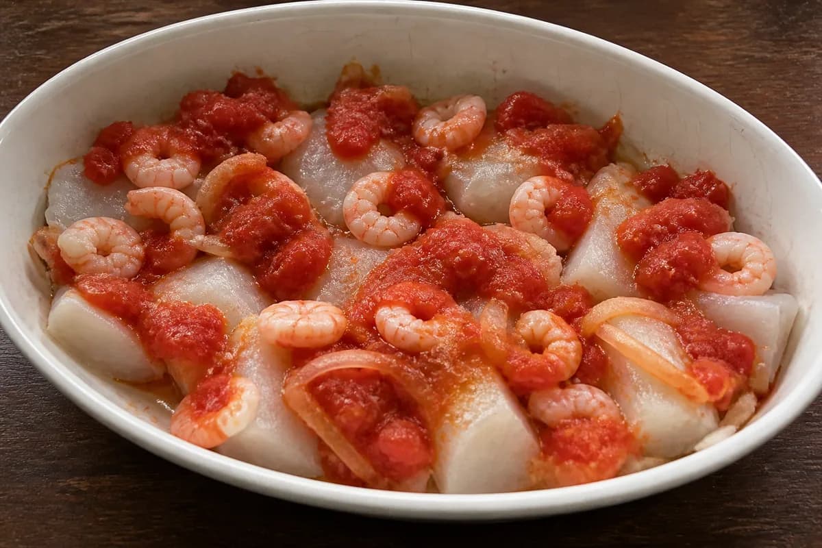 Haddock and prawns covered with tomato and onion sauce in a shallow oval baking dish