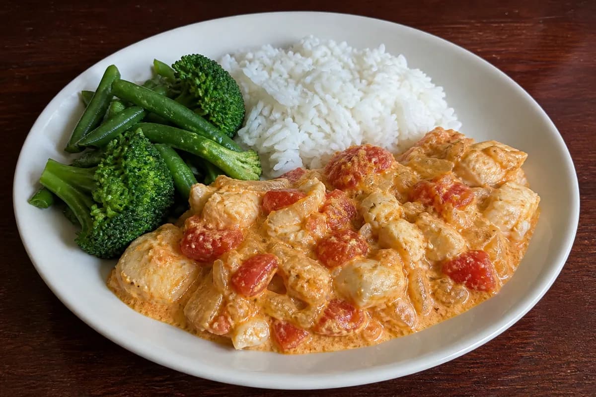Haddock and tomato bake served with white rice and green vegetables
