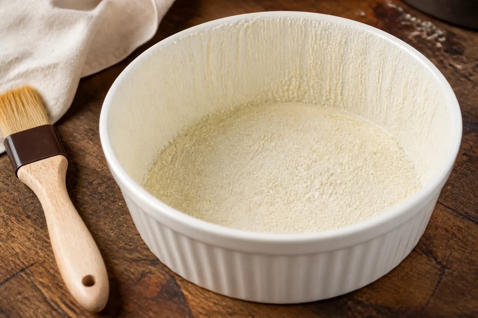 An empty soufflé dish brushed upwards with butter and coated with finely grated cheese