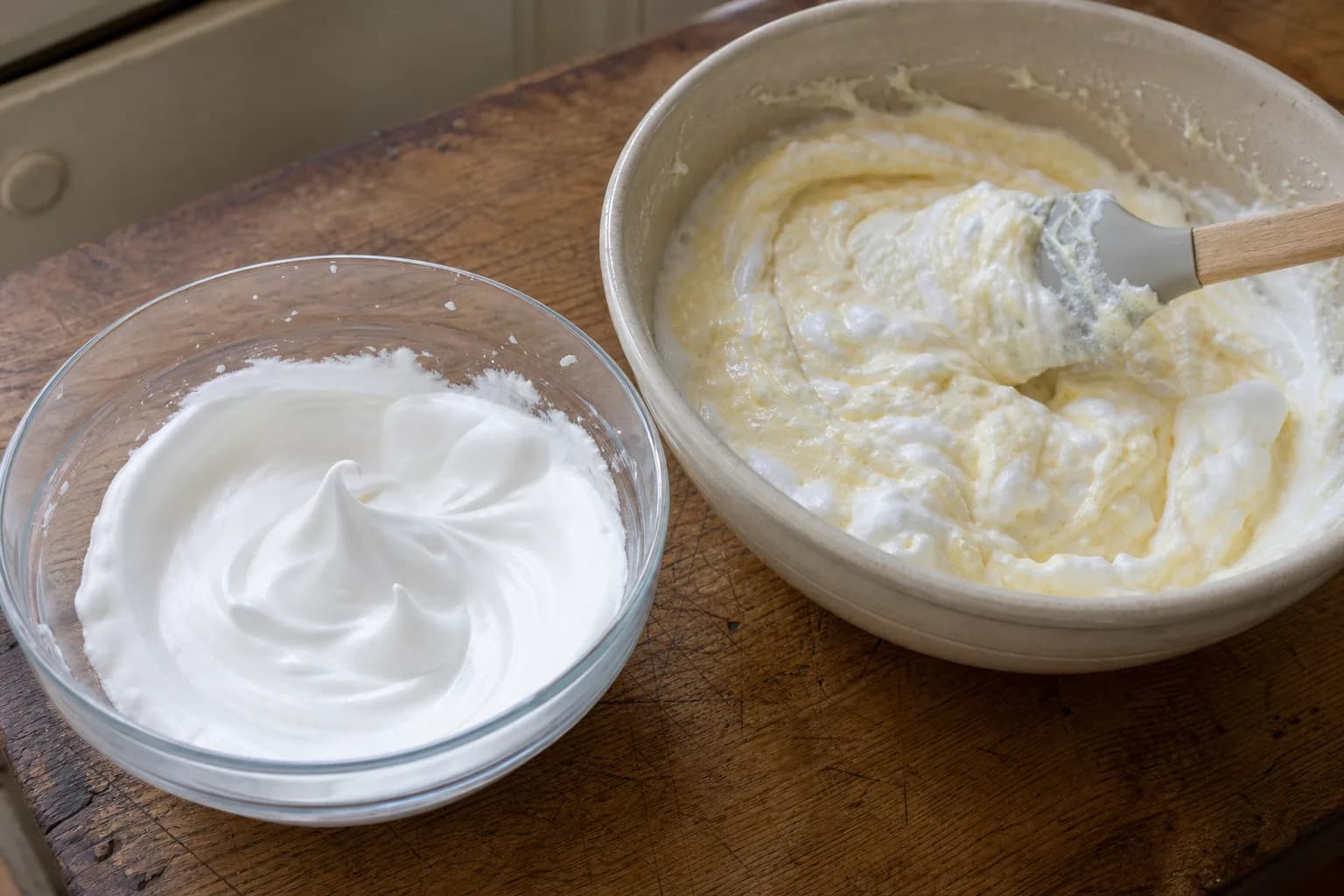 Glossy stiff egg whites being folded gently into a pale cheese base