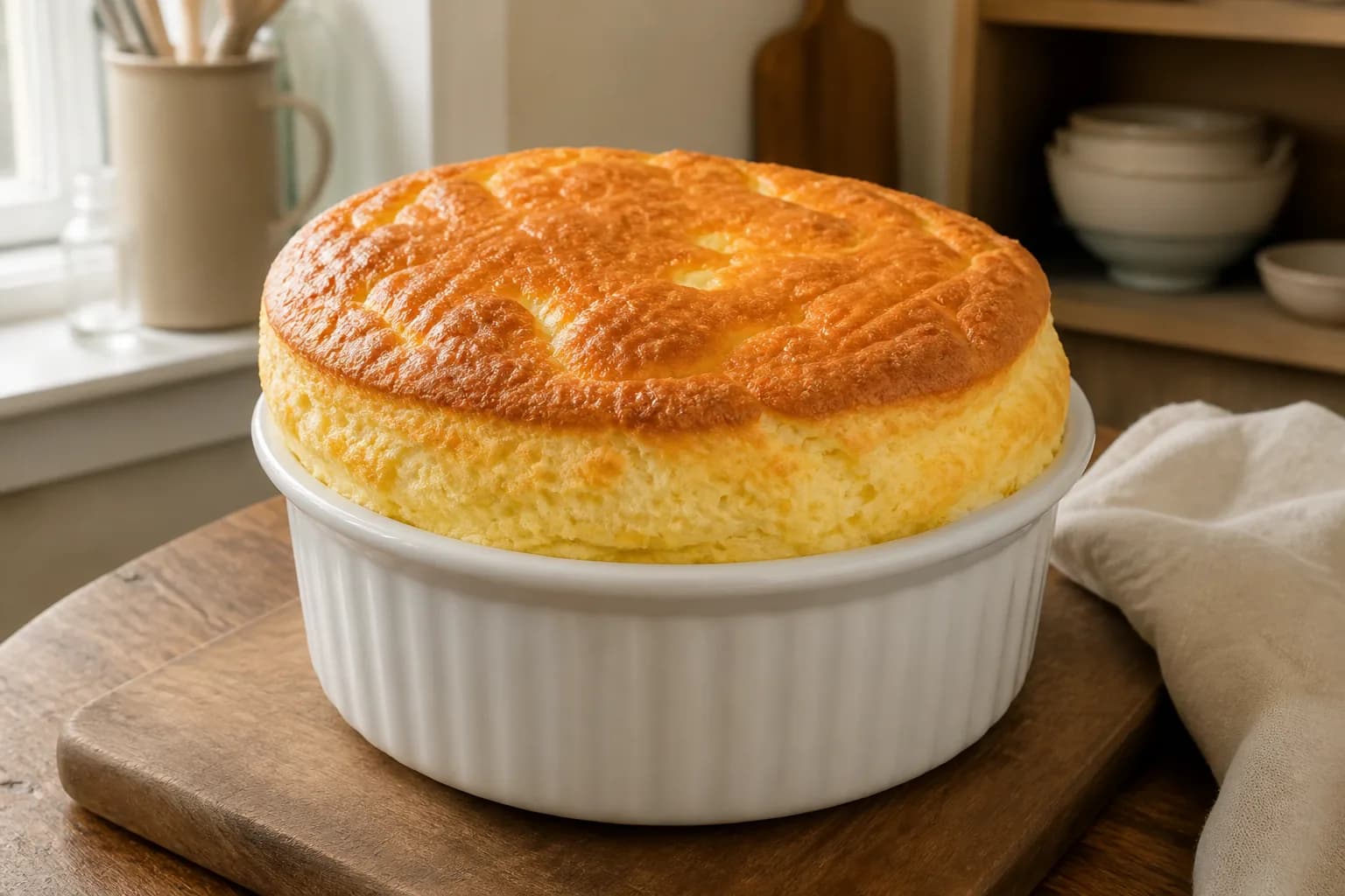 A tall golden three-cheese soufflé risen above the rim of a white ceramic dish