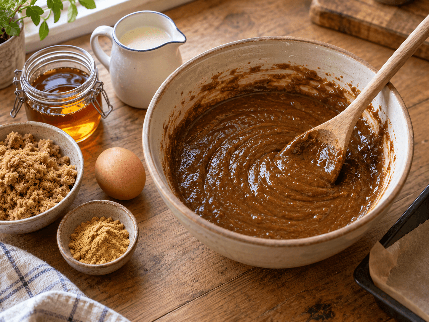 Smooth dark gingerbread batter in a mixing bowl with golden syrup, milk, egg, brown sugar and ground ginger nearby