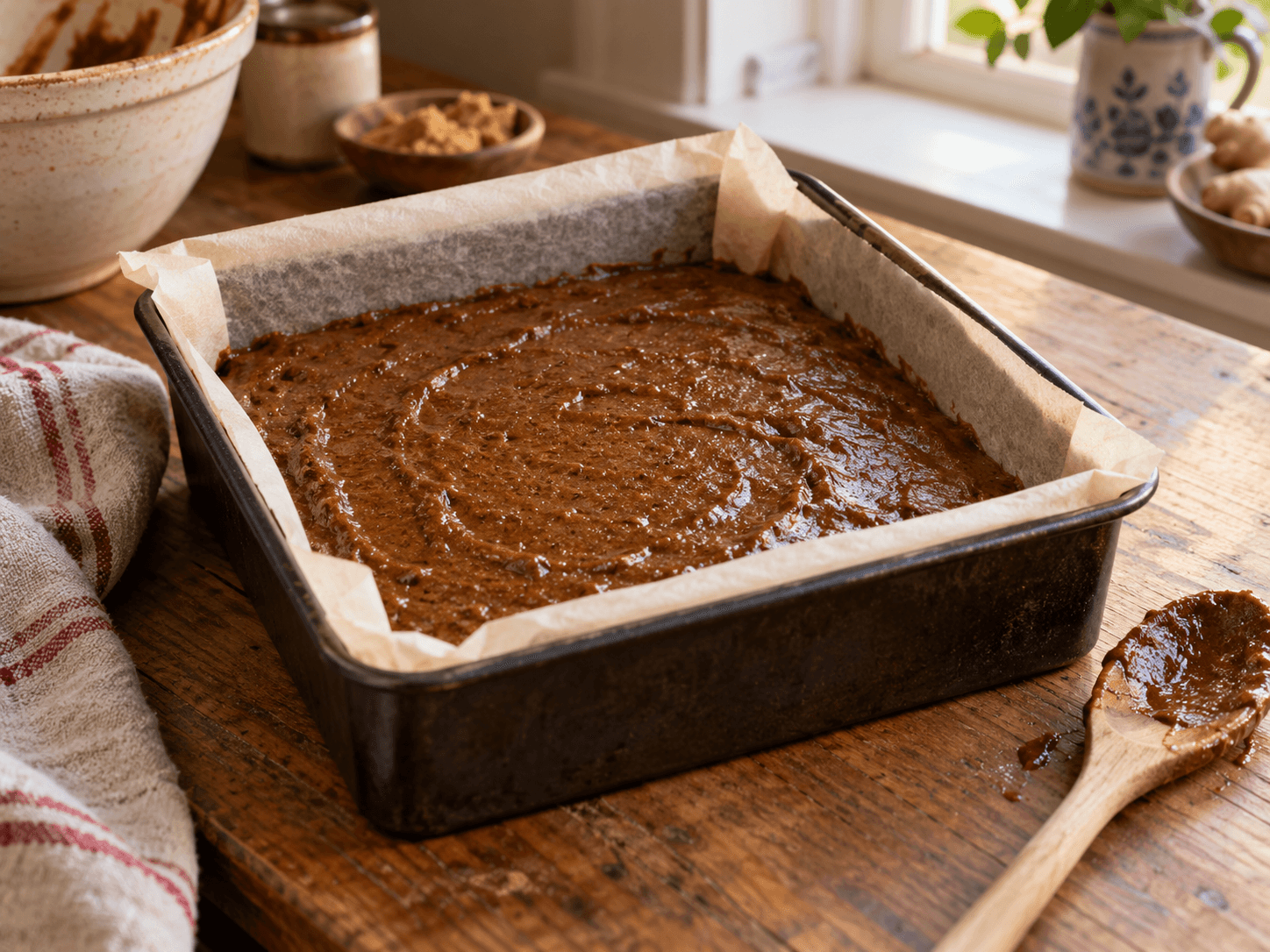 A lined square tin filled with dark gingerbread batter before baking