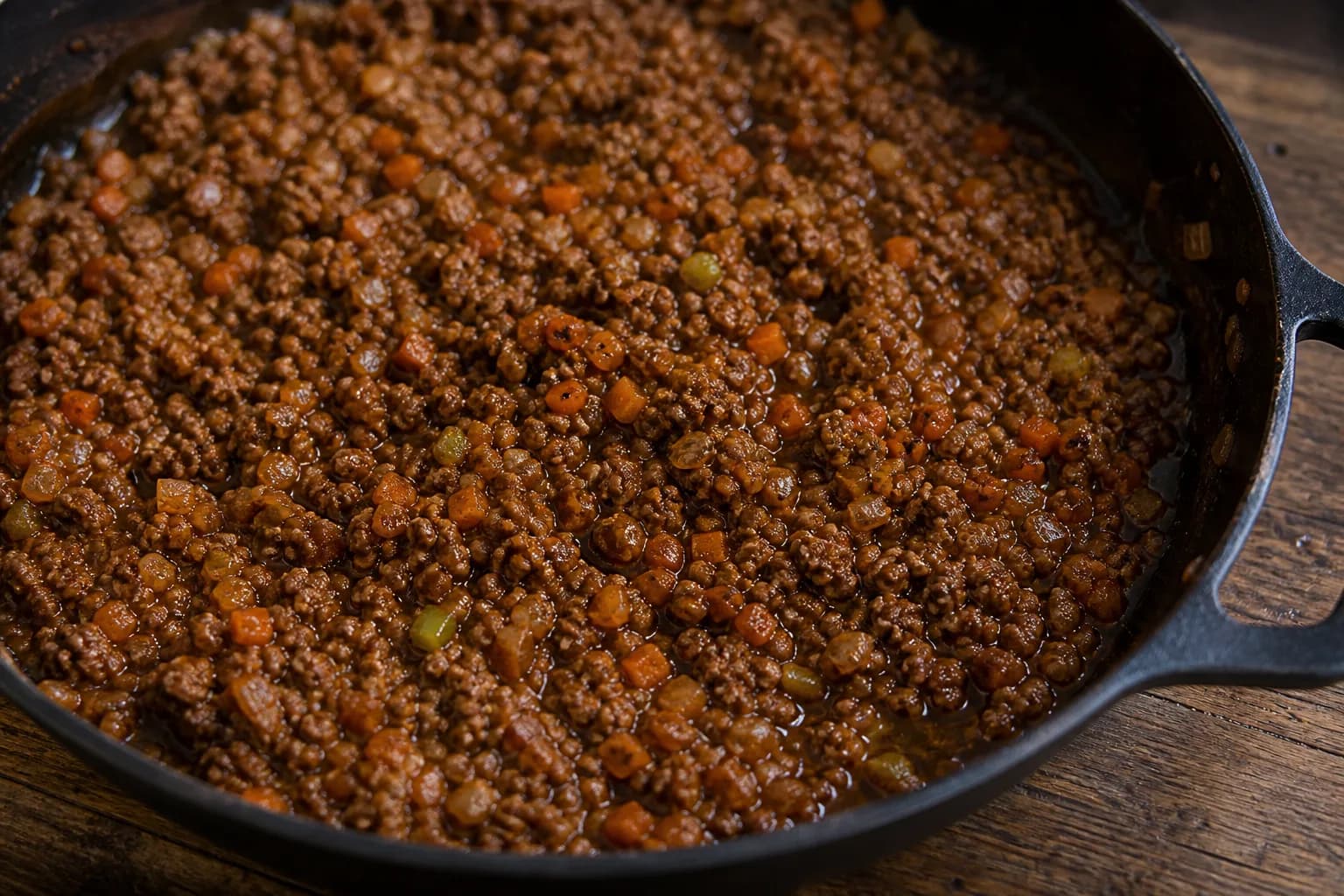 Browned lamb and finely diced vegetables forming a thick savoury base in a pan