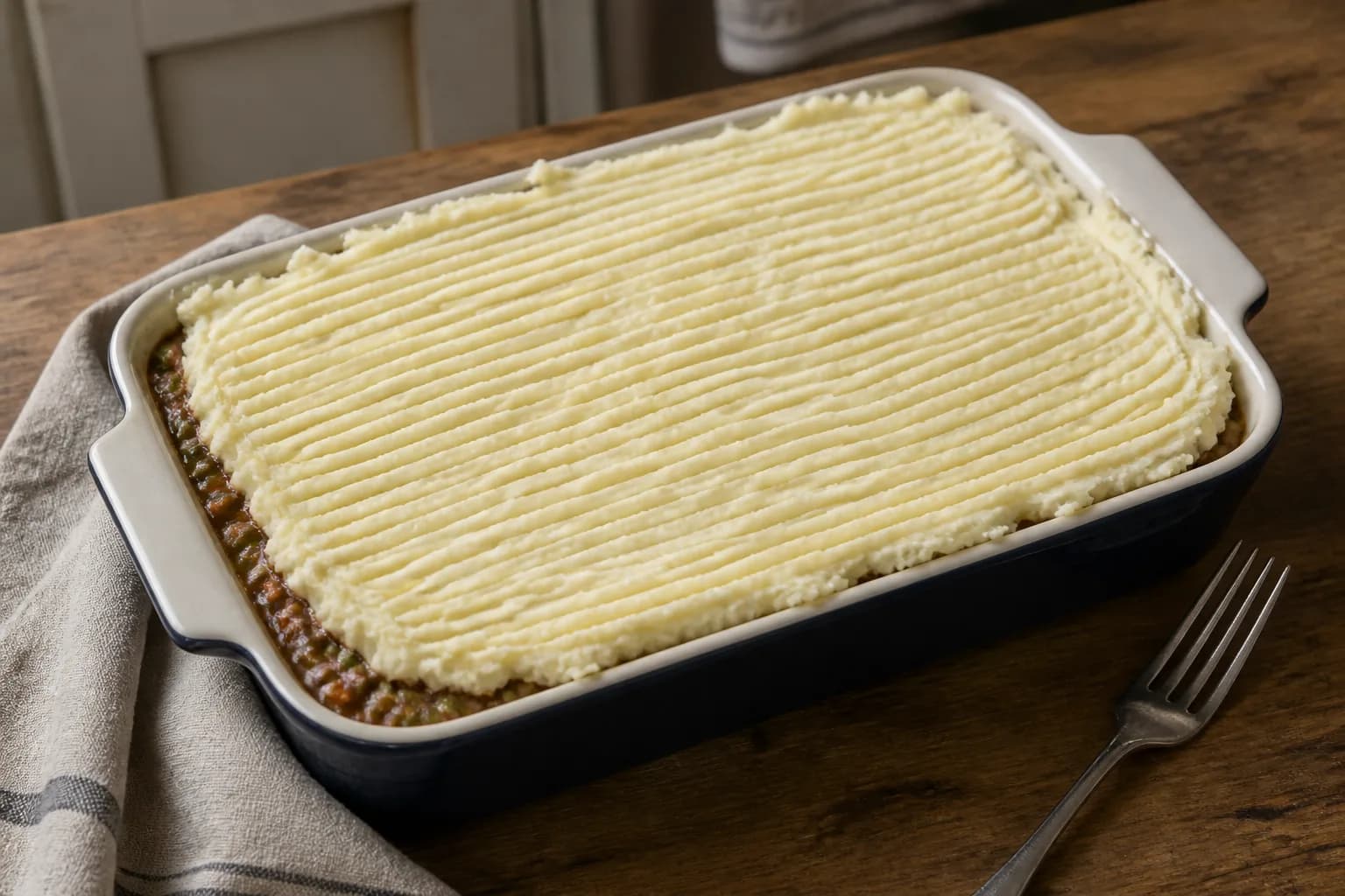A shepherd's pie covered edge-to-edge with mashed potato marked with fork ridges