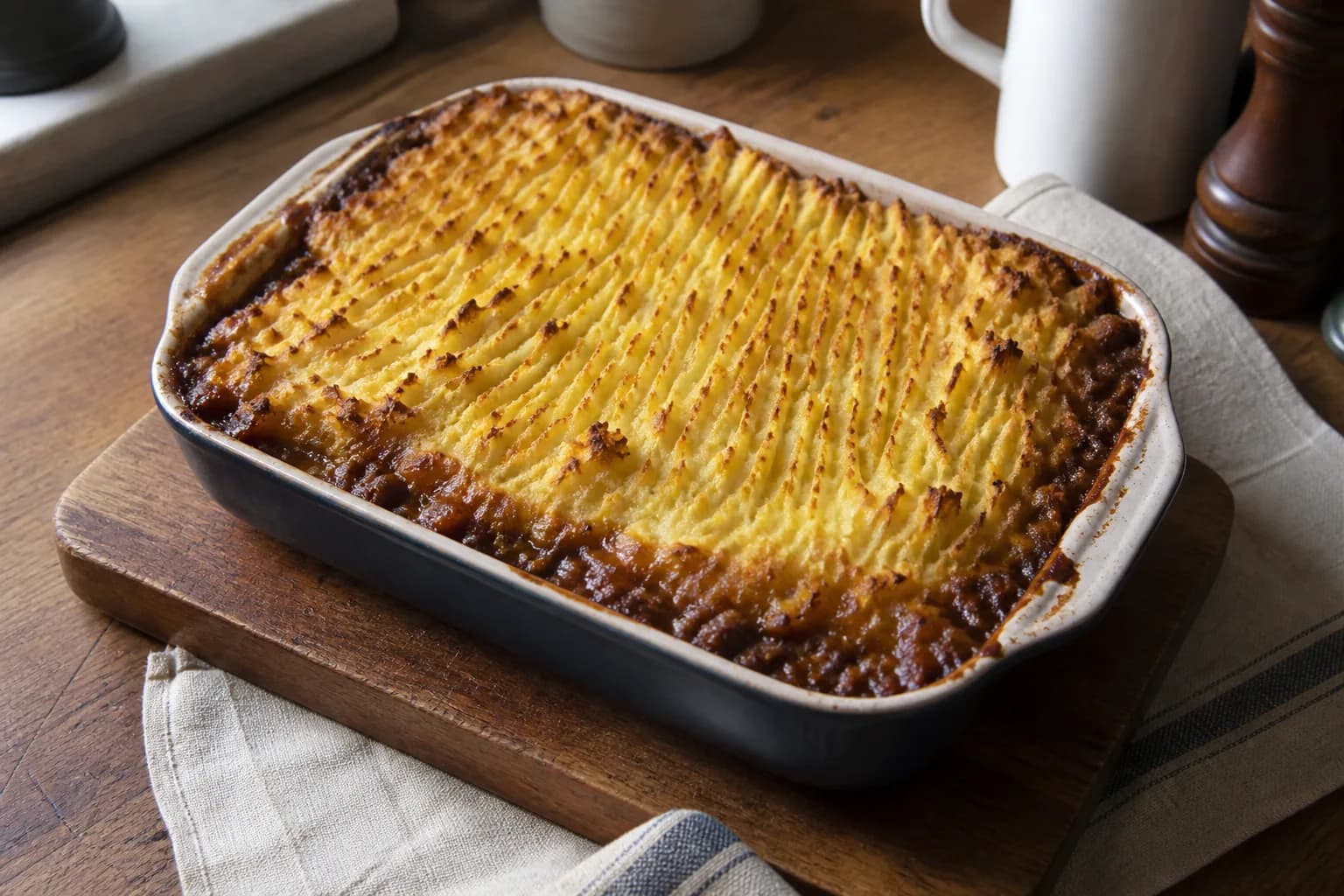 Baked shepherd's pie with golden crisp potato peaks and bubbling filling at the edges