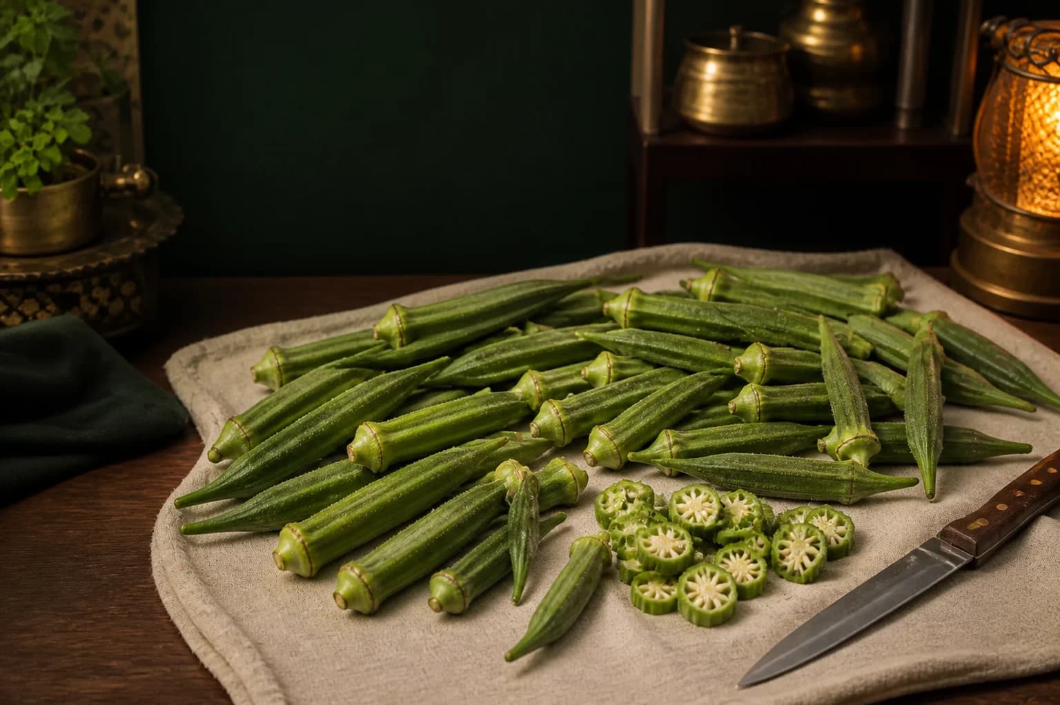 Whole dry okra and sliced okra rounds resting on a clean linen cloth