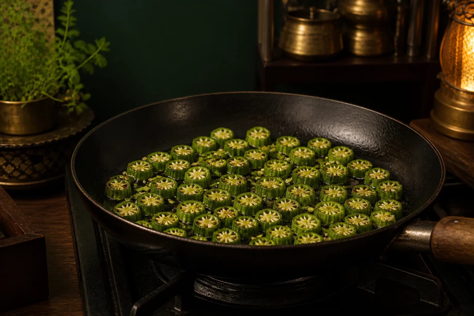 Sliced okra rounds gently frying uncovered in a dark pan