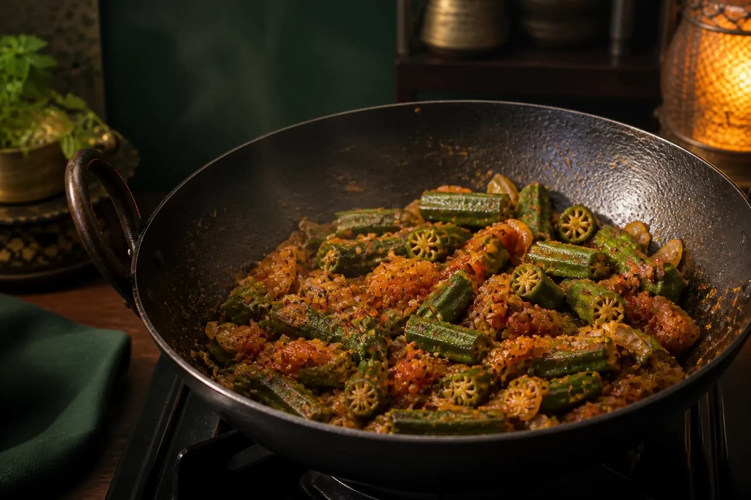 Green okra being folded through a cooked onion and tomato masala