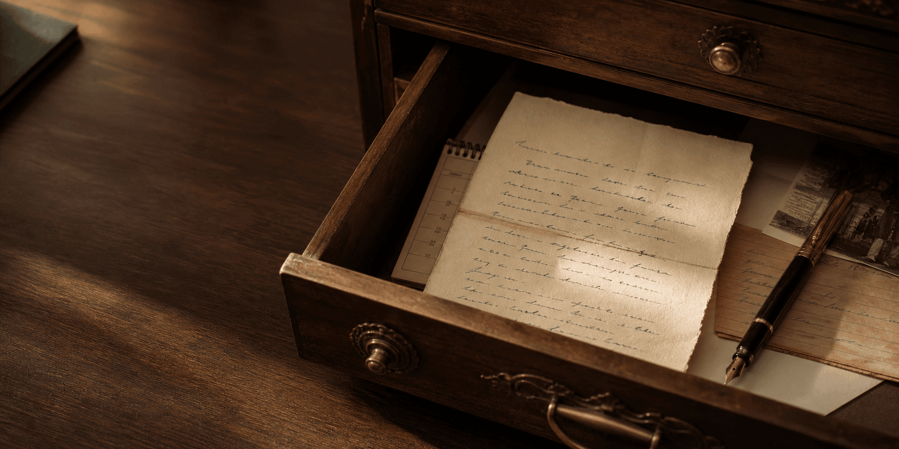 A handwritten note kept in a treasured wooden desk drawer