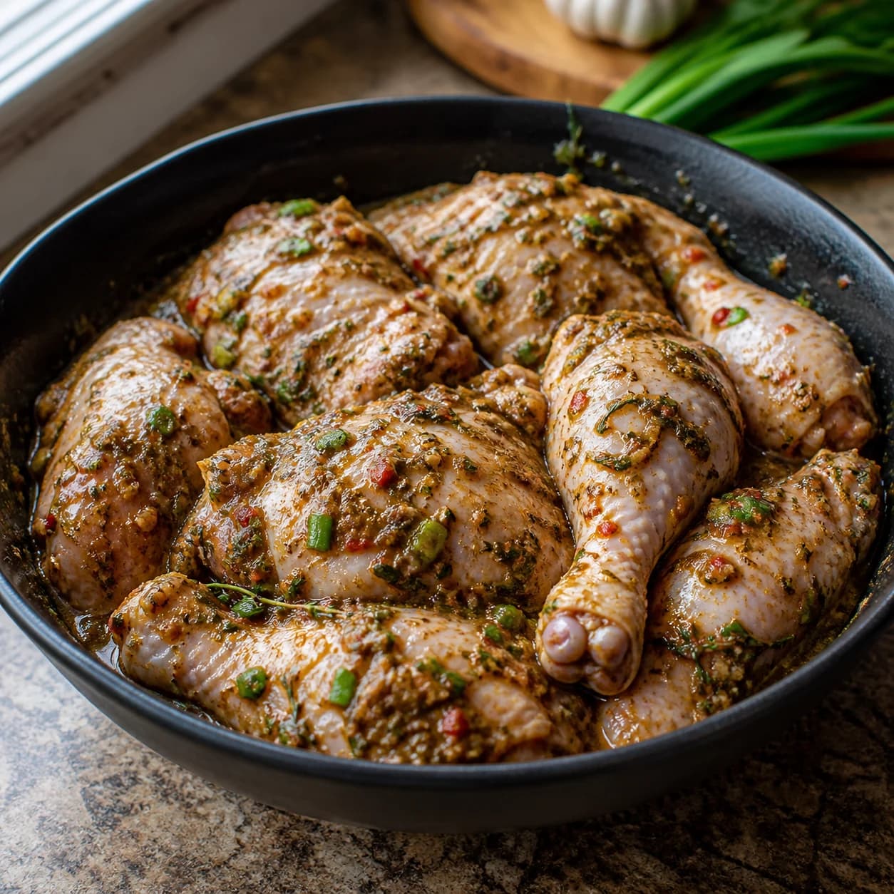 Raw bone-in chicken thighs and drumsticks coated in a coarse jerk marinade with visible scallion, thyme and chilli