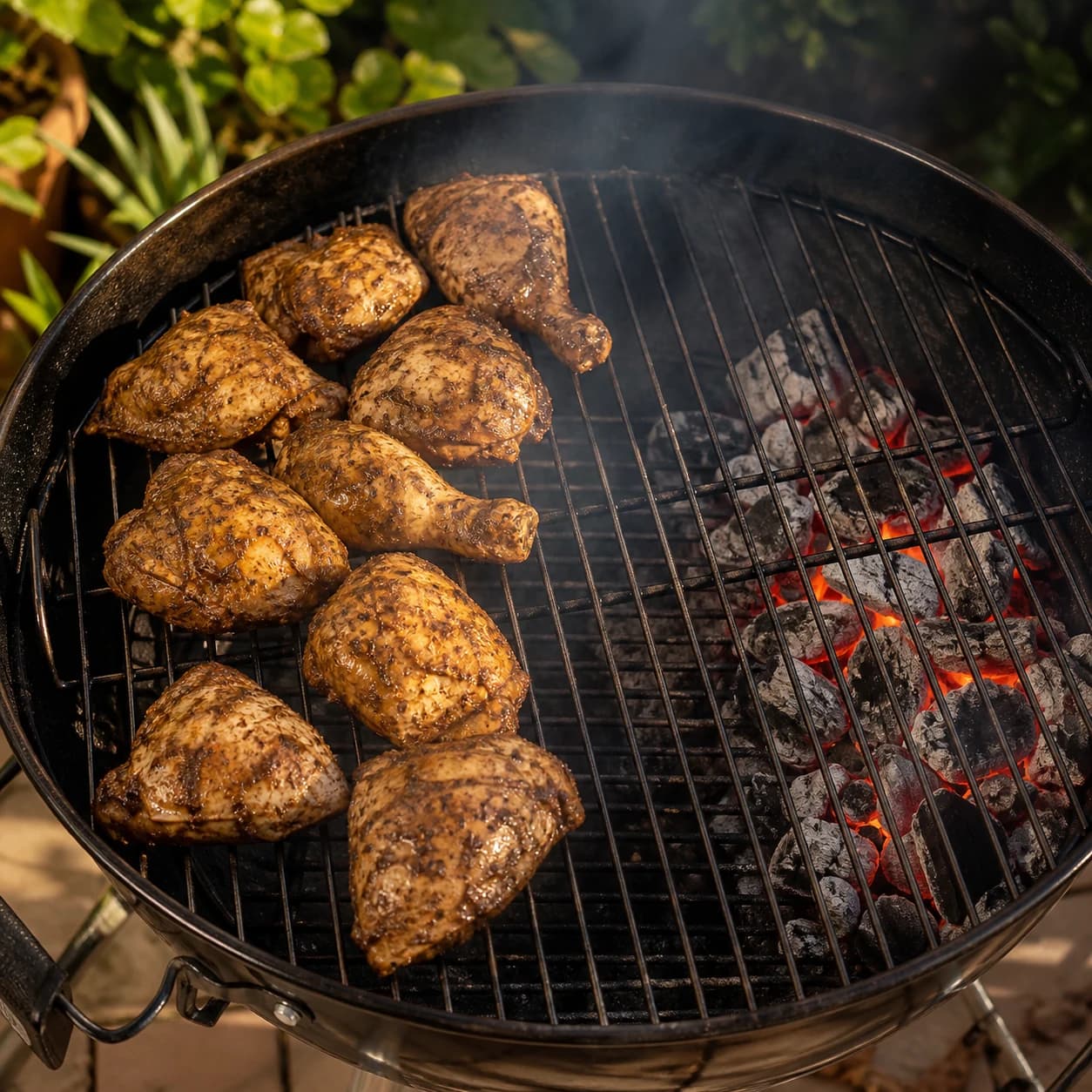 Marinated jerk chicken cooking on the cooler side of a charcoal barbecue with the glowing coals banked to the other side
