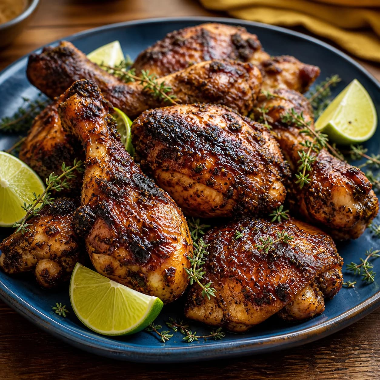 Finished Jamaican jerk chicken with glossy caramelised skin, blackened edges, lime wedges and fresh thyme